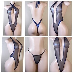 Sheer Black and Blue Halter Bodysuit